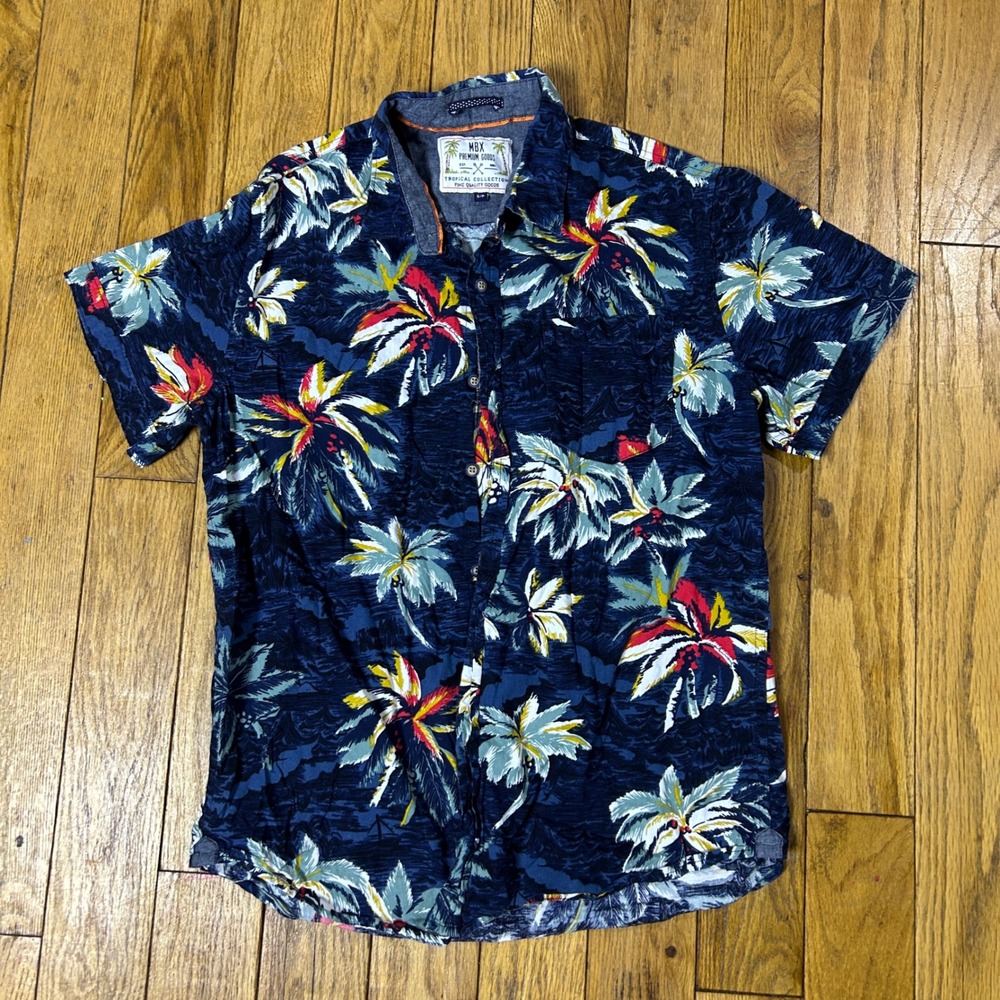 MBX Premium Goods Mens Small Navy Blue Palm Tree Tropical Cotton Button Down